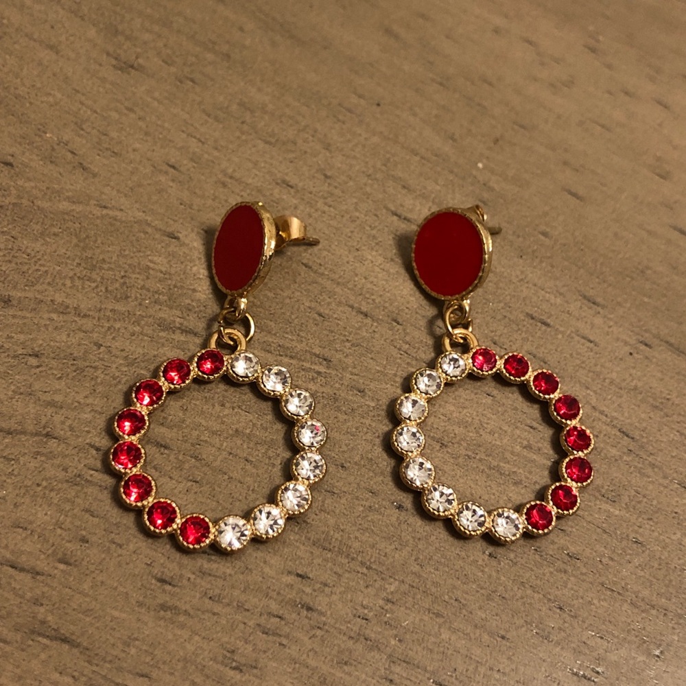 Gorgeous Red Gold Tone and White Rhinestone Fashion Earrings